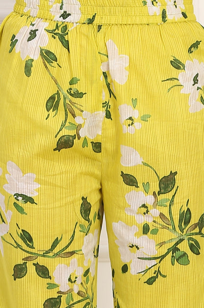 W for Woman Yellow Floral Printed Straight Cotton Stripe Tunic and Pants Co-ord Set