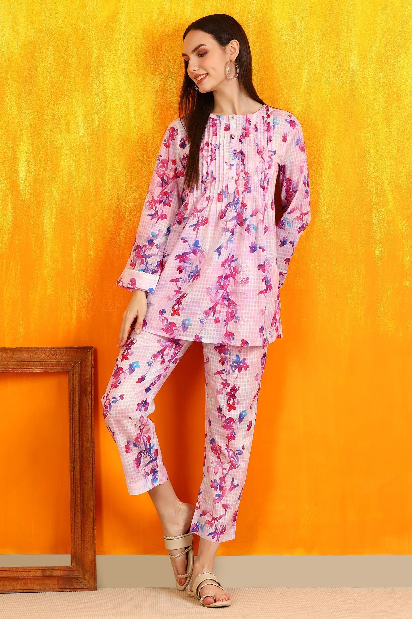 W for Woman Pink Floral Printed Textured Cotton Short Tunic and Pants Co-ord Set