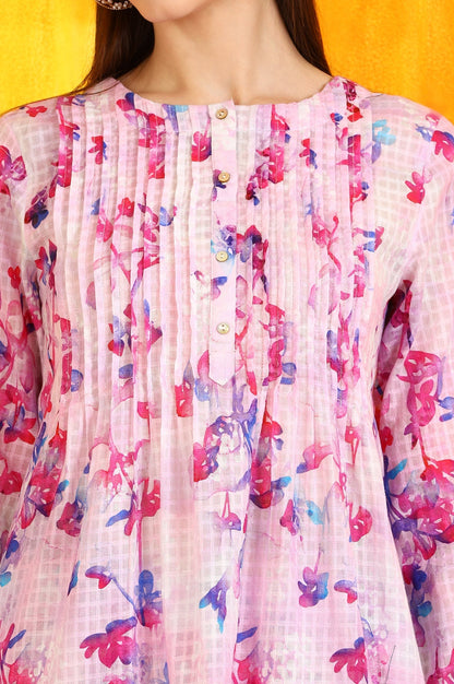 W for Woman Pink Floral Printed Textured Cotton Short Tunic and Pants Co-ord Set