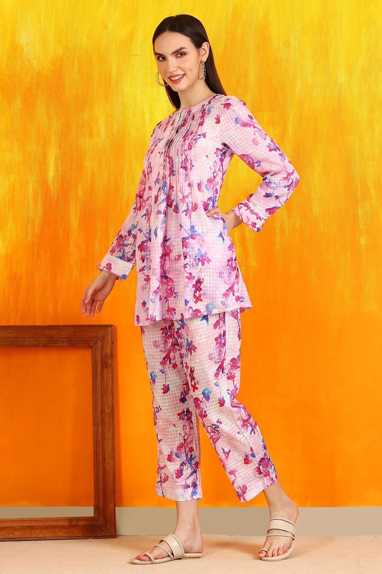W for Woman Pink Floral Printed Textured Cotton Short Tunic and Pants Co-ord Set