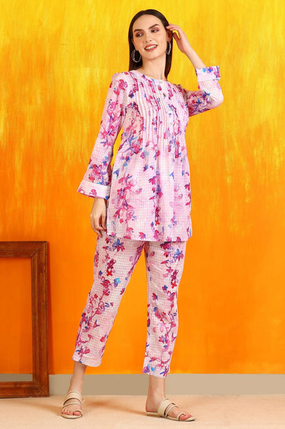 W for Woman Pink Floral Printed Textured Cotton Short Tunic and Pants Co-ord Set