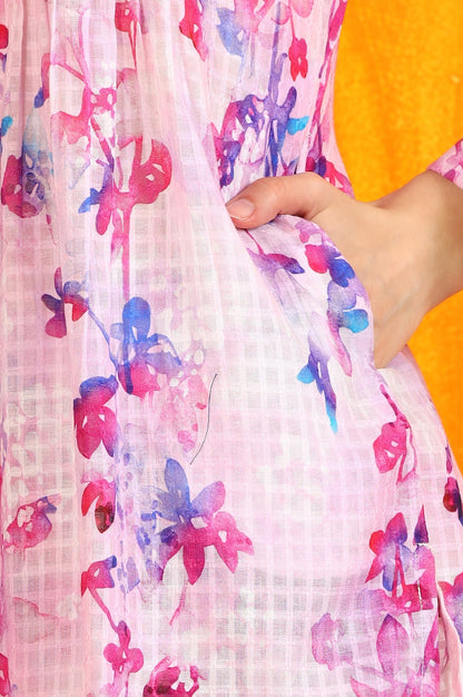 W for Woman Pink Floral Printed Textured Cotton Short Tunic and Pants Co-ord Set