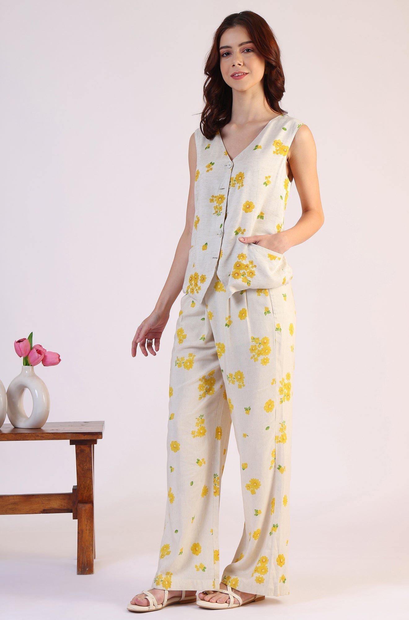 W for Woman Floral Printed Rayon Top & Parallel Pant Co-Ord Set