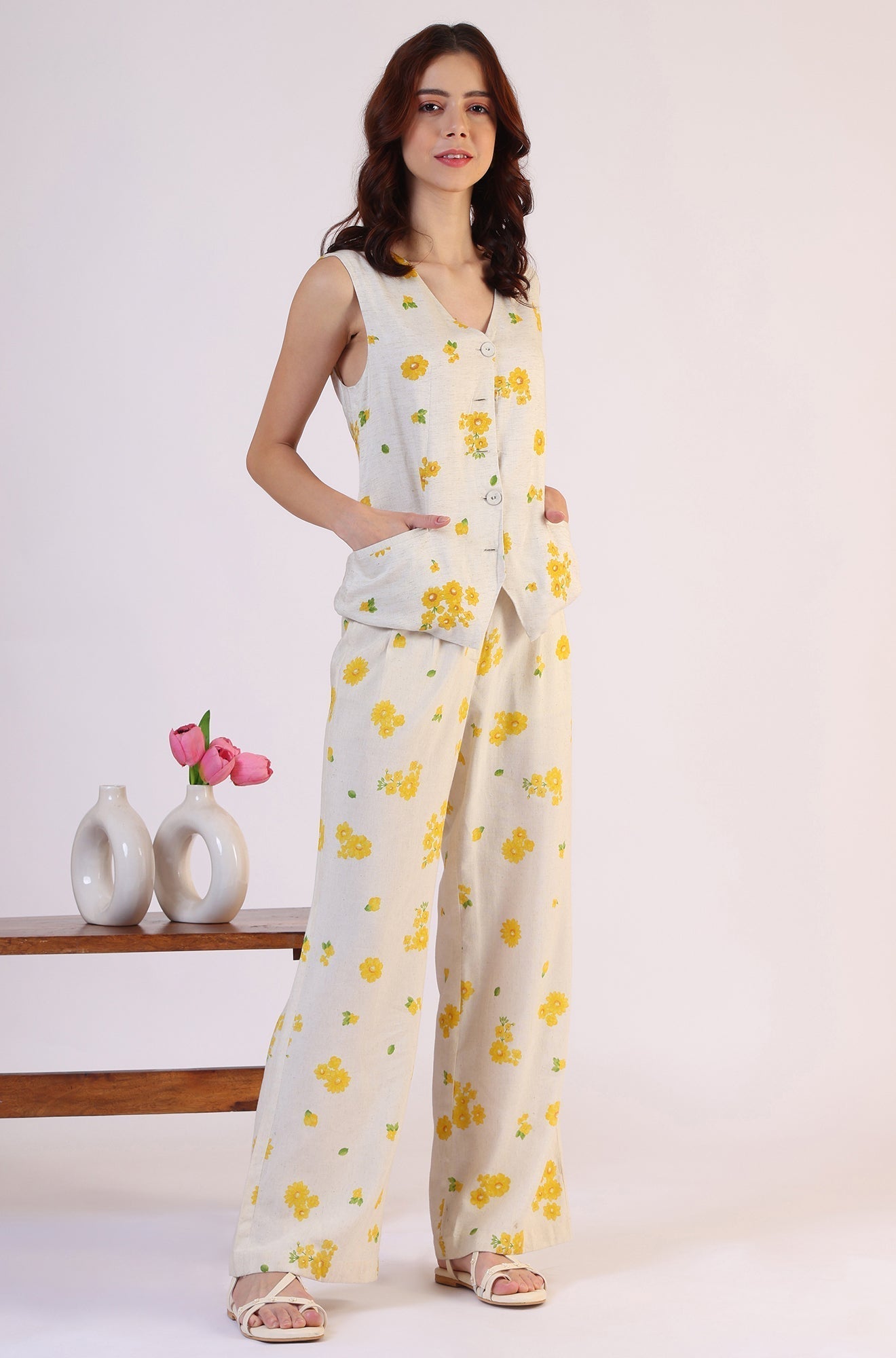 W for Woman Floral Printed Rayon Top & Parallel Pant Co-Ord Set