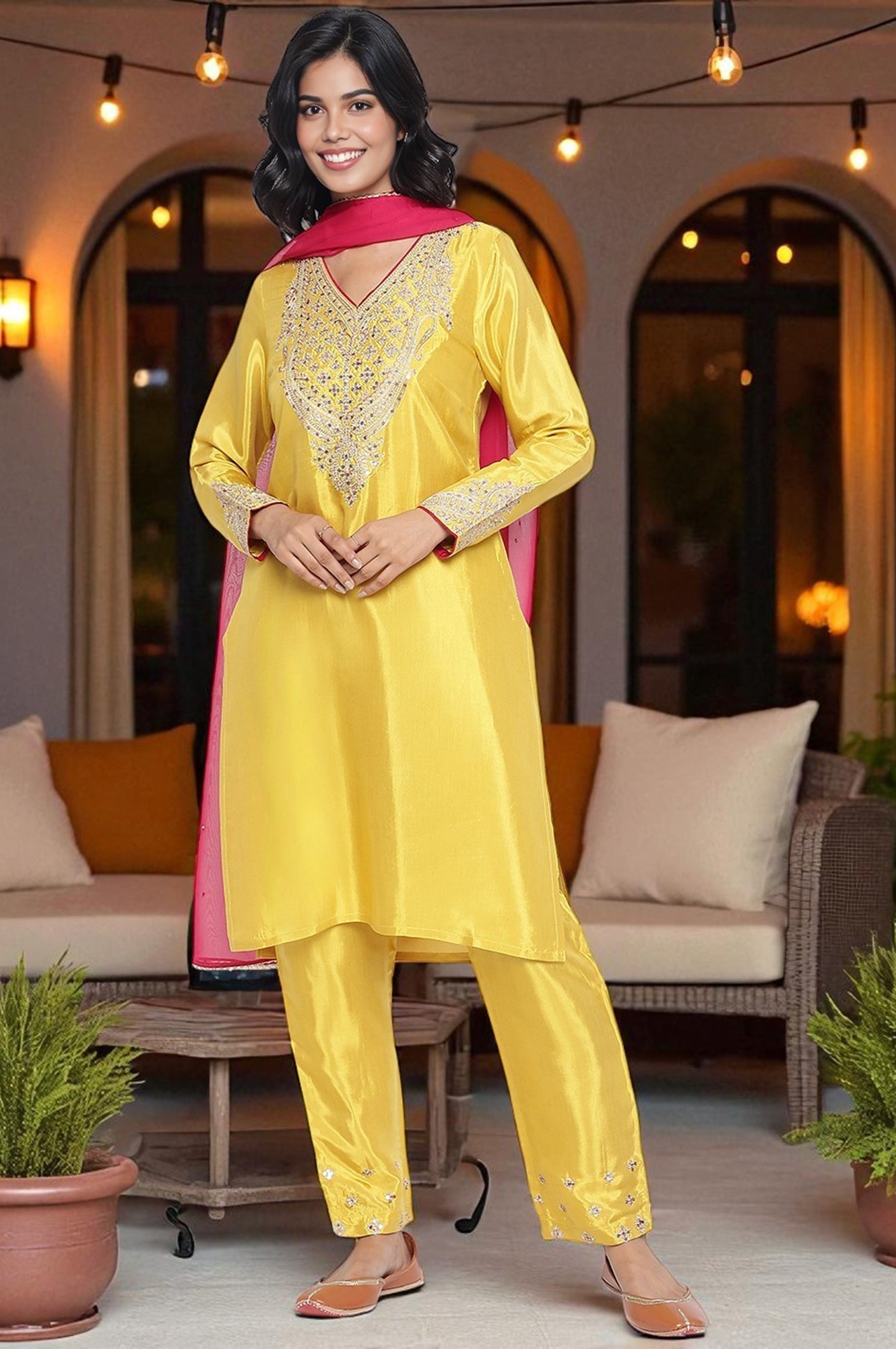 W for Woman Yellow Solid Printed Shantung Straight Kurta, Straight Pant and Dupatta Set
