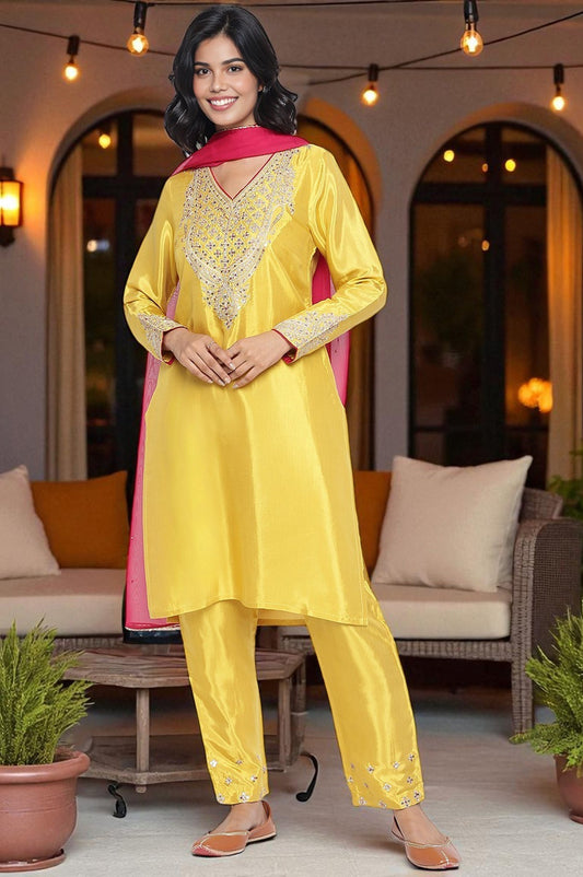 W for Woman Yellow Solid Printed Shantung Straight Kurta, Straight Pant and Dupatta Set