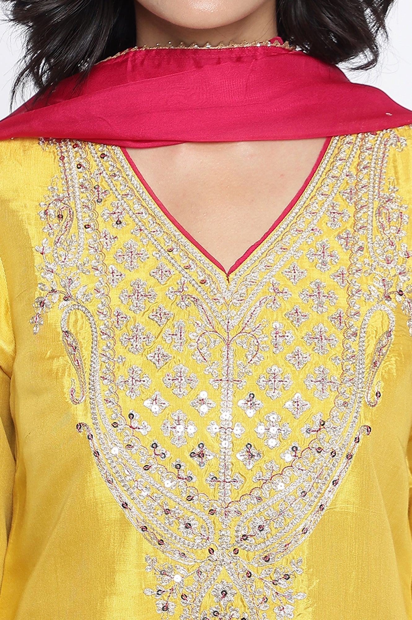 W for Woman Yellow Solid Printed Shantung Straight Kurta, Straight Pant and Dupatta Set