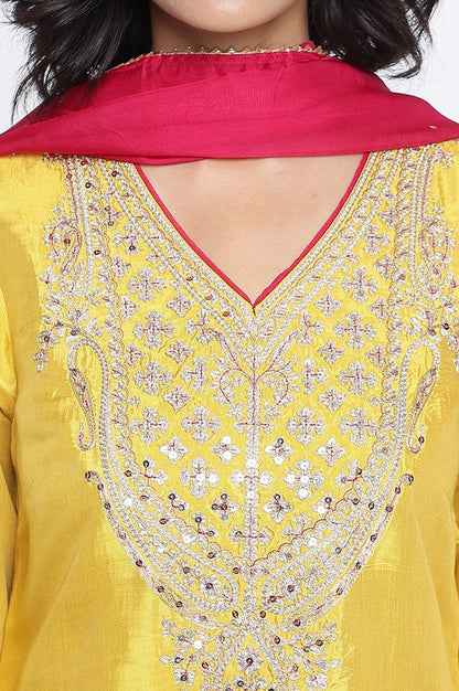 W for Woman Yellow Solid Printed Shantung Straight Kurta, Straight Pant and Dupatta Set