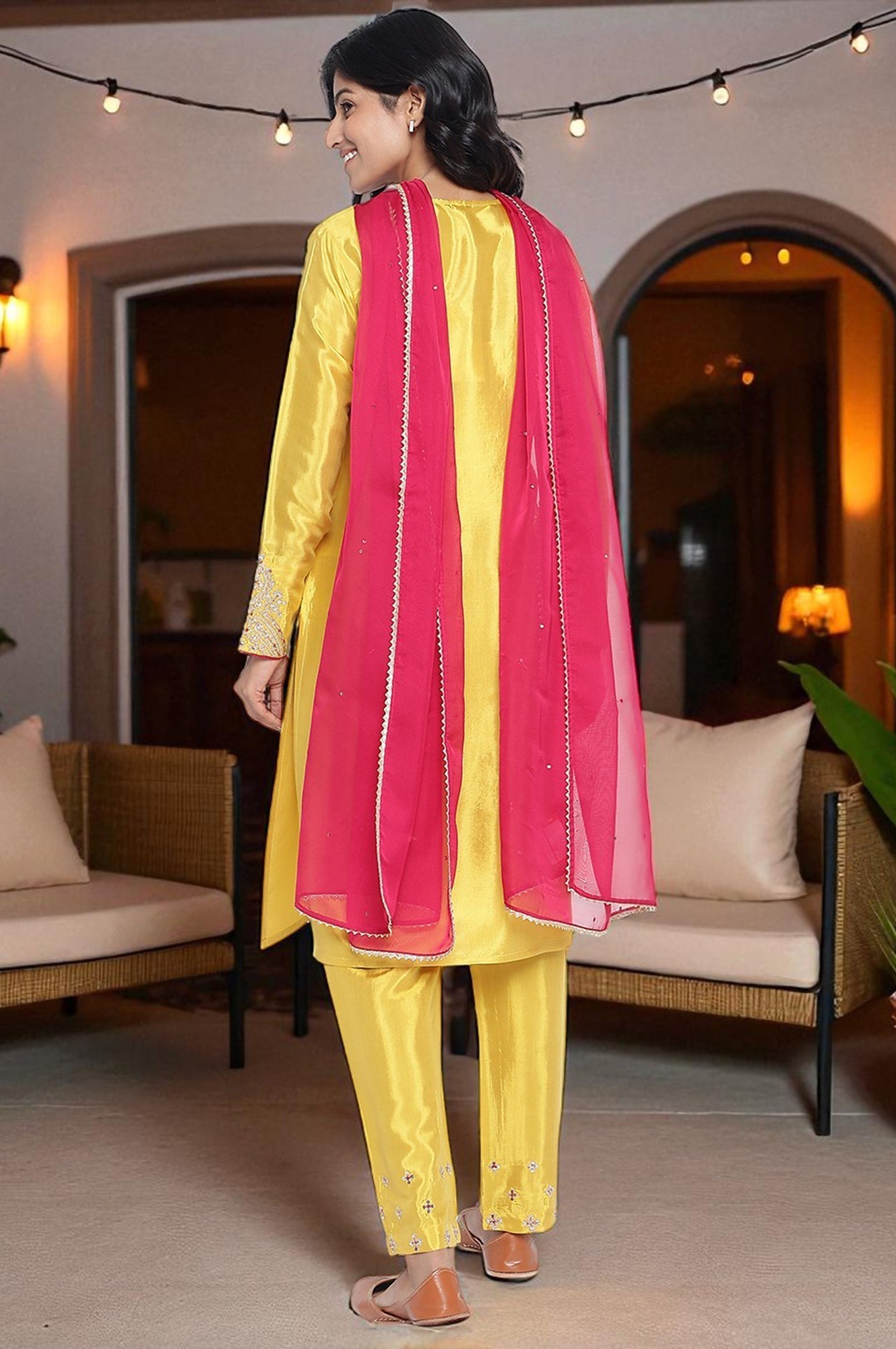 W for Woman Yellow Solid Printed Shantung Straight Kurta, Straight Pant and Dupatta Set