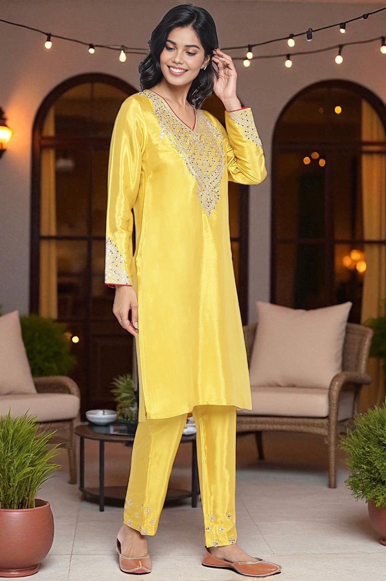 W for Woman Yellow Solid Printed Shantung Straight Kurta, Straight Pant and Dupatta Set