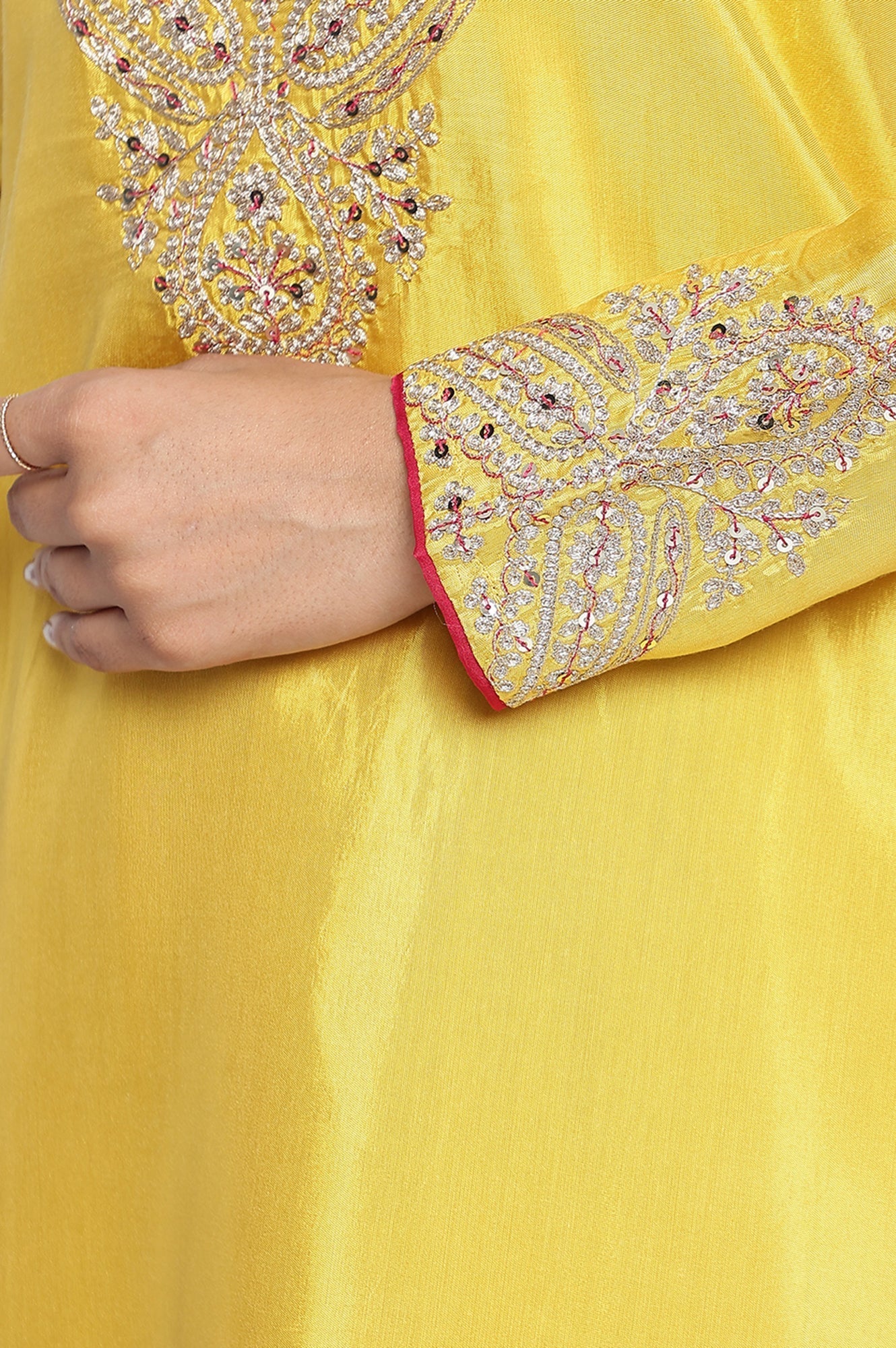 W for Woman Yellow Solid Printed Shantung Straight Kurta, Straight Pant and Dupatta Set