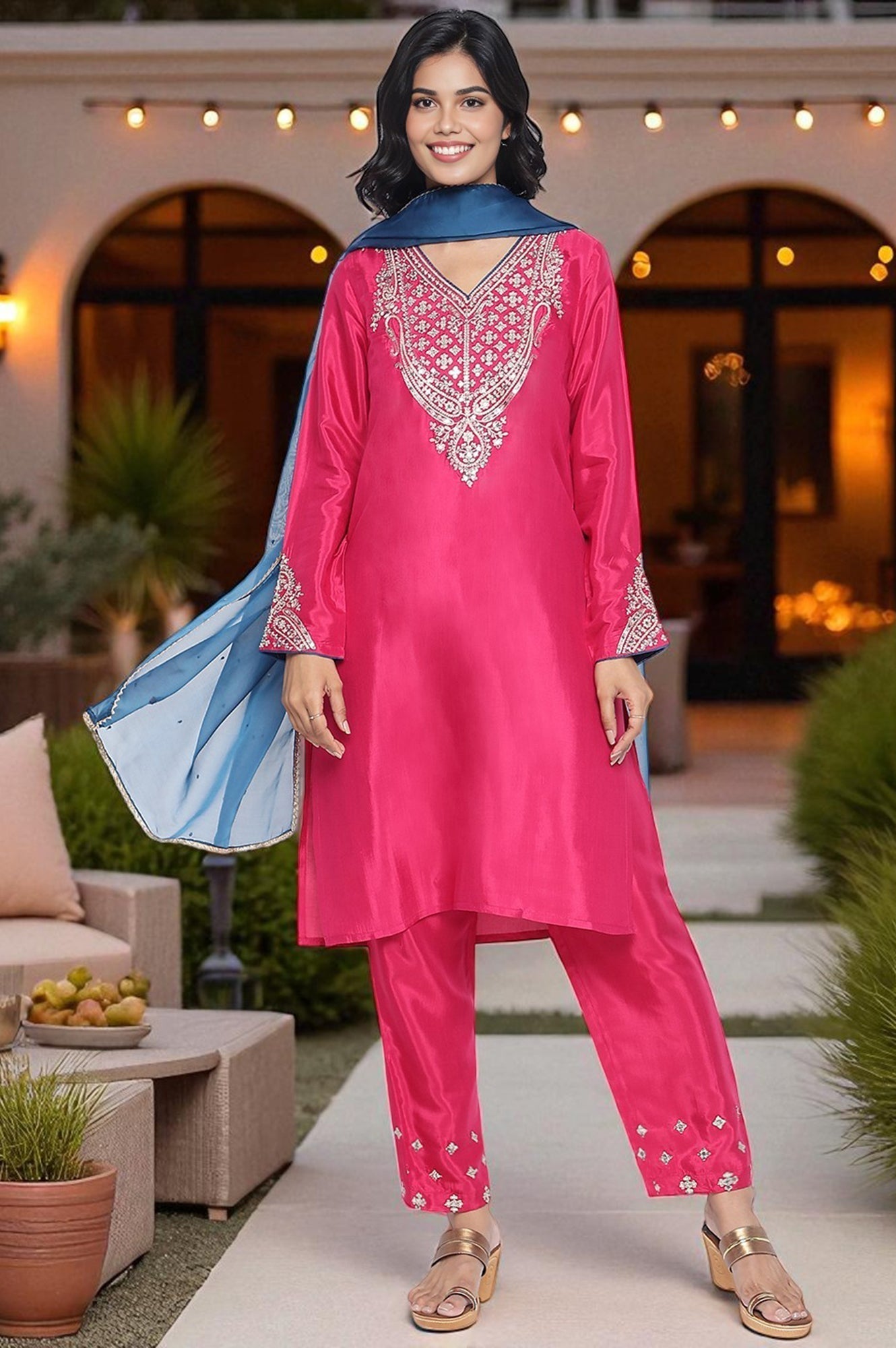 W for Woman Fuschia Solid Printed Shantung Straight Kurta, Straight Pant and Dupatta Set