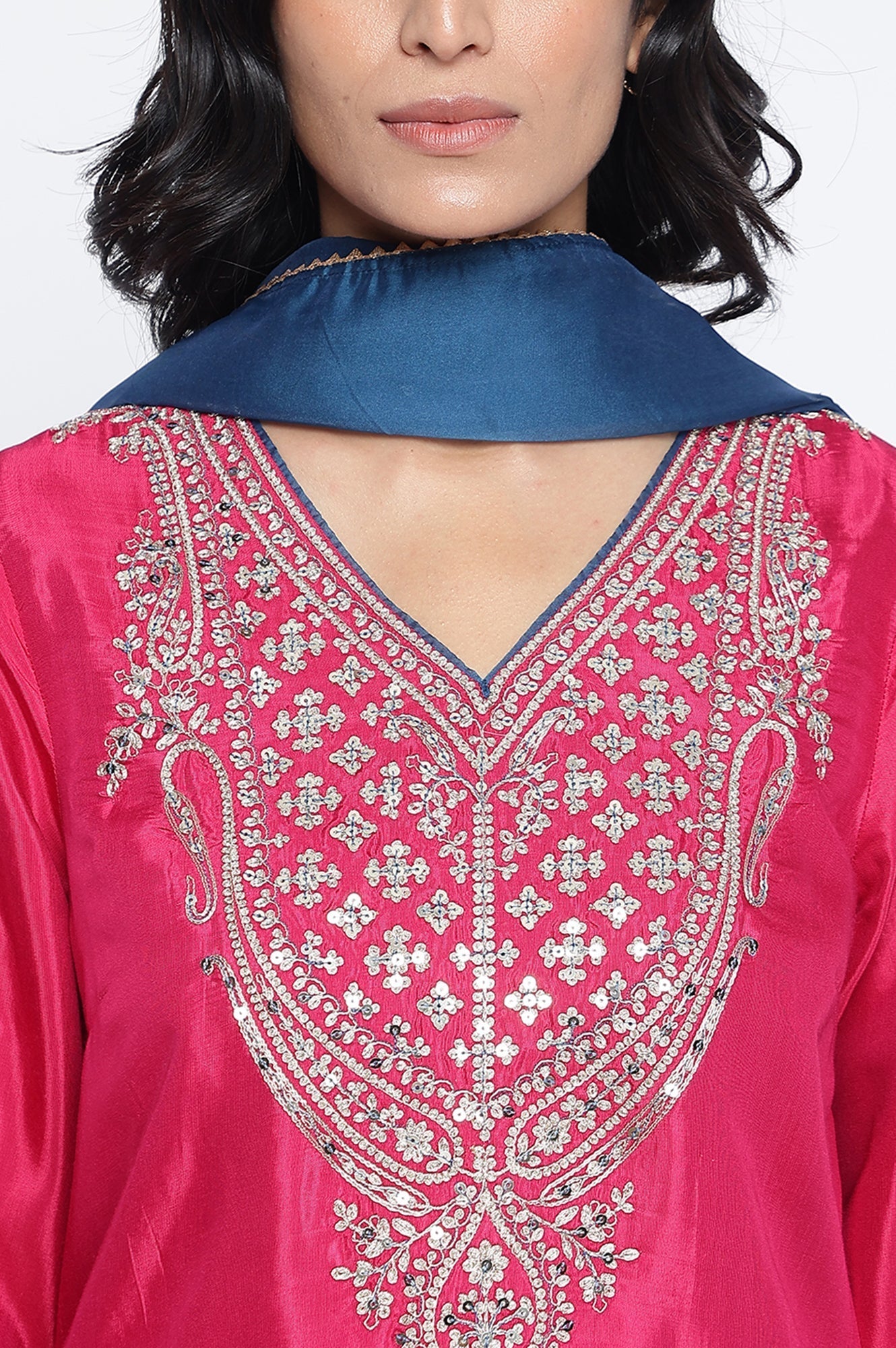 W for Woman Fuschia Solid Printed Shantung Straight Kurta, Straight Pant and Dupatta Set