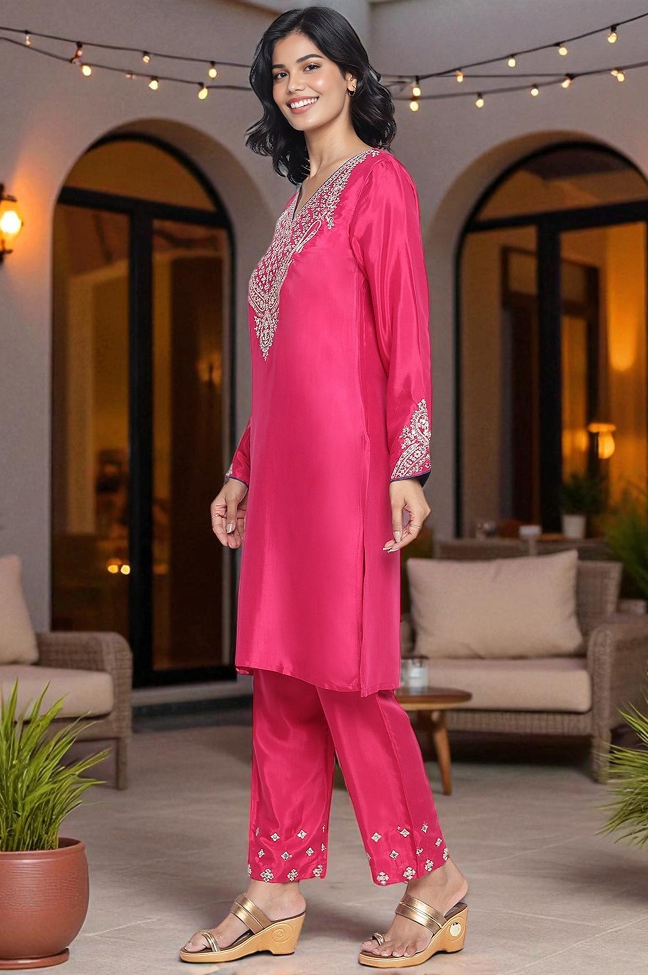 W for Woman Fuschia Solid Printed Shantung Straight Kurta, Straight Pant and Dupatta Set