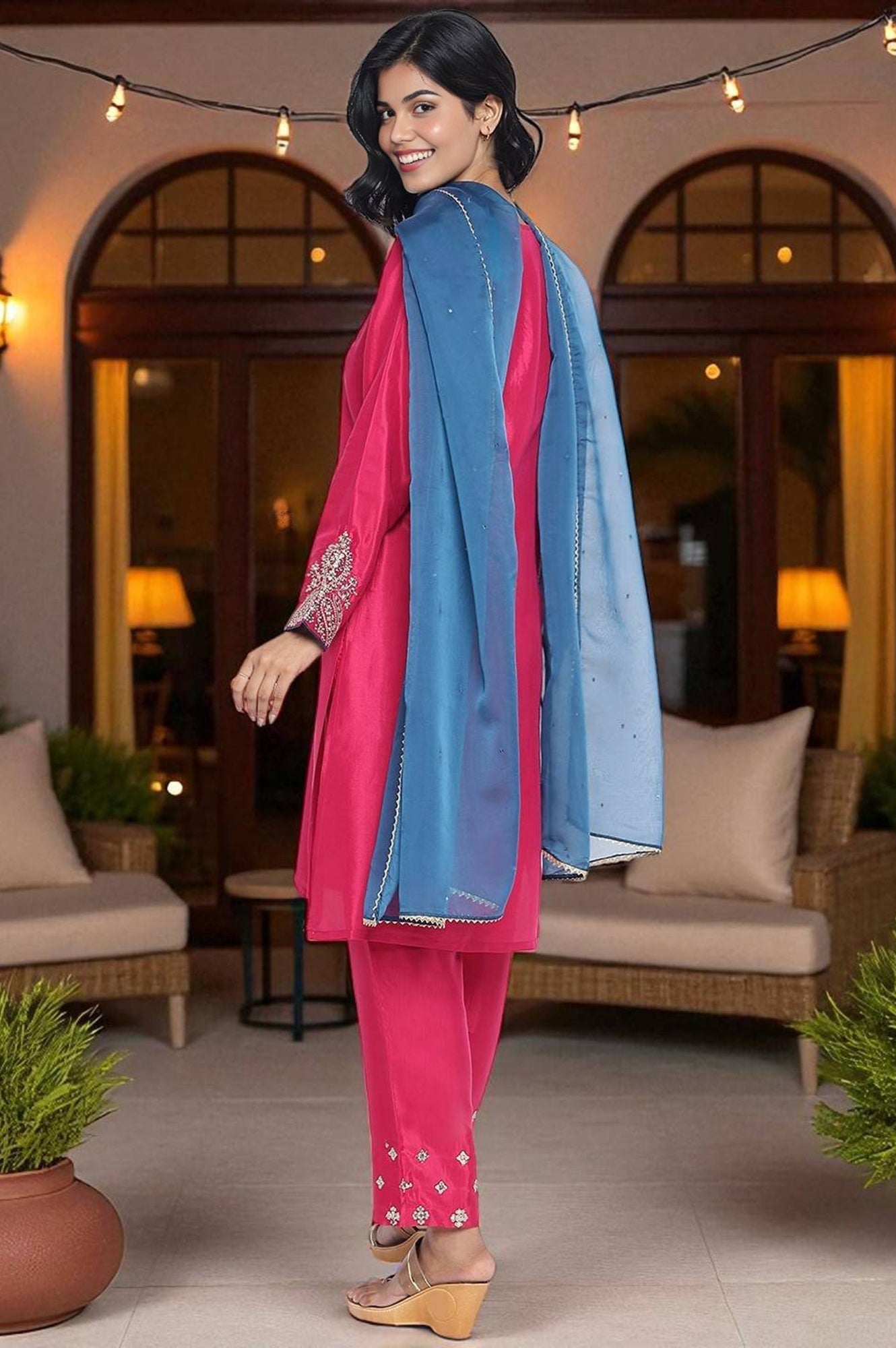 W for Woman Fuschia Solid Printed Shantung Straight Kurta, Straight Pant and Dupatta Set