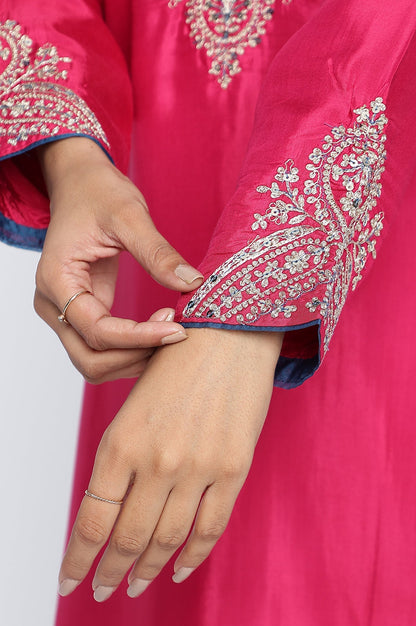 W for Woman Fuschia Solid Printed Shantung Straight Kurta, Straight Pant and Dupatta Set