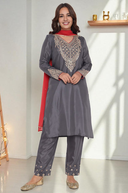 W for Woman Grey Solid Printed Shantung Straight Kurta, Straight Pant and Dupatta Set