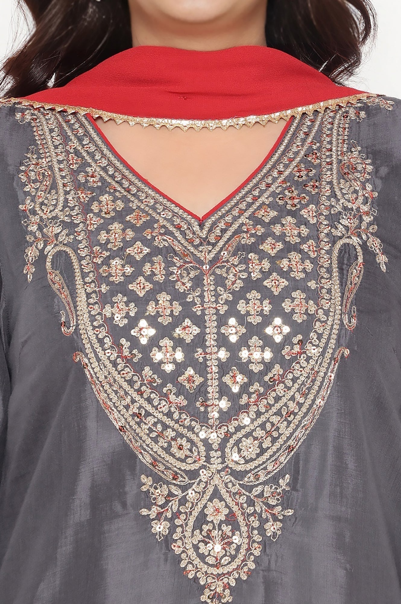 W for Woman Grey Solid Printed Shantung Straight Kurta, Straight Pant and Dupatta Set