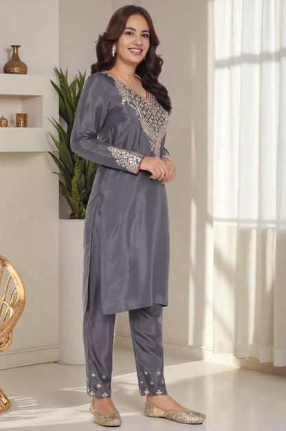 W for Woman Grey Solid Printed Shantung Straight Kurta, Straight Pant and Dupatta Set