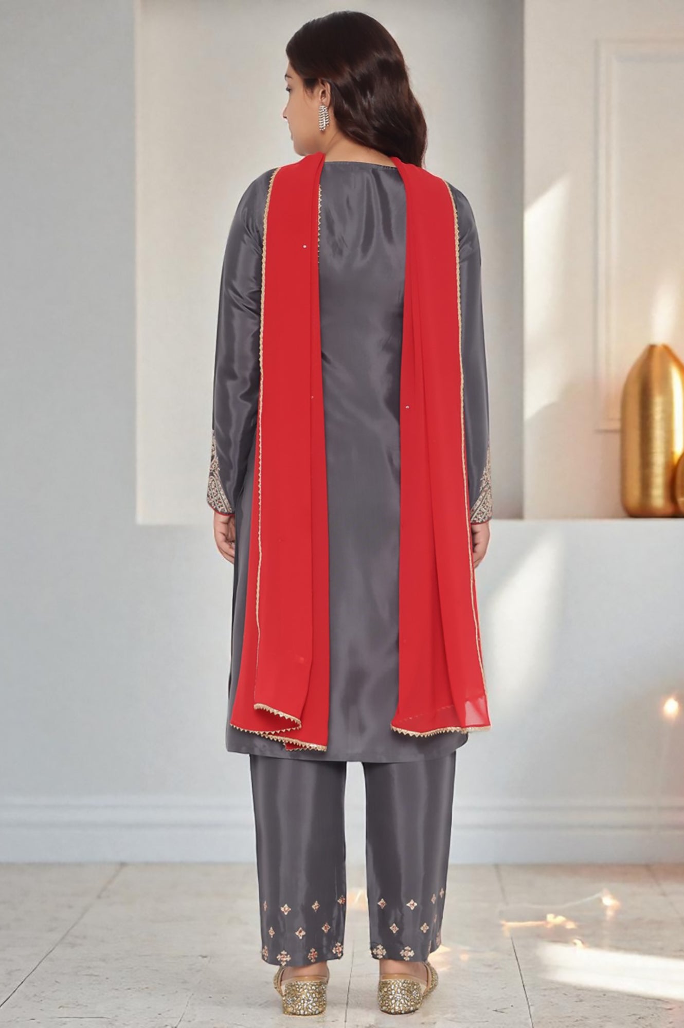 W for Woman Grey Solid Printed Shantung Straight Kurta, Straight Pant and Dupatta Set