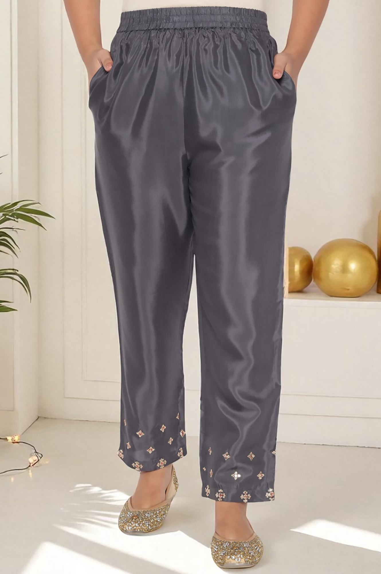 W for Woman Grey Solid Printed Shantung Straight Kurta, Straight Pant and Dupatta Set