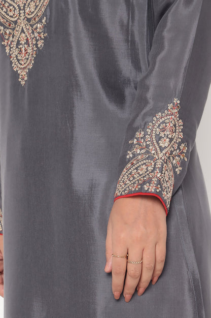 W for Woman Grey Solid Printed Shantung Straight Kurta, Straight Pant and Dupatta Set