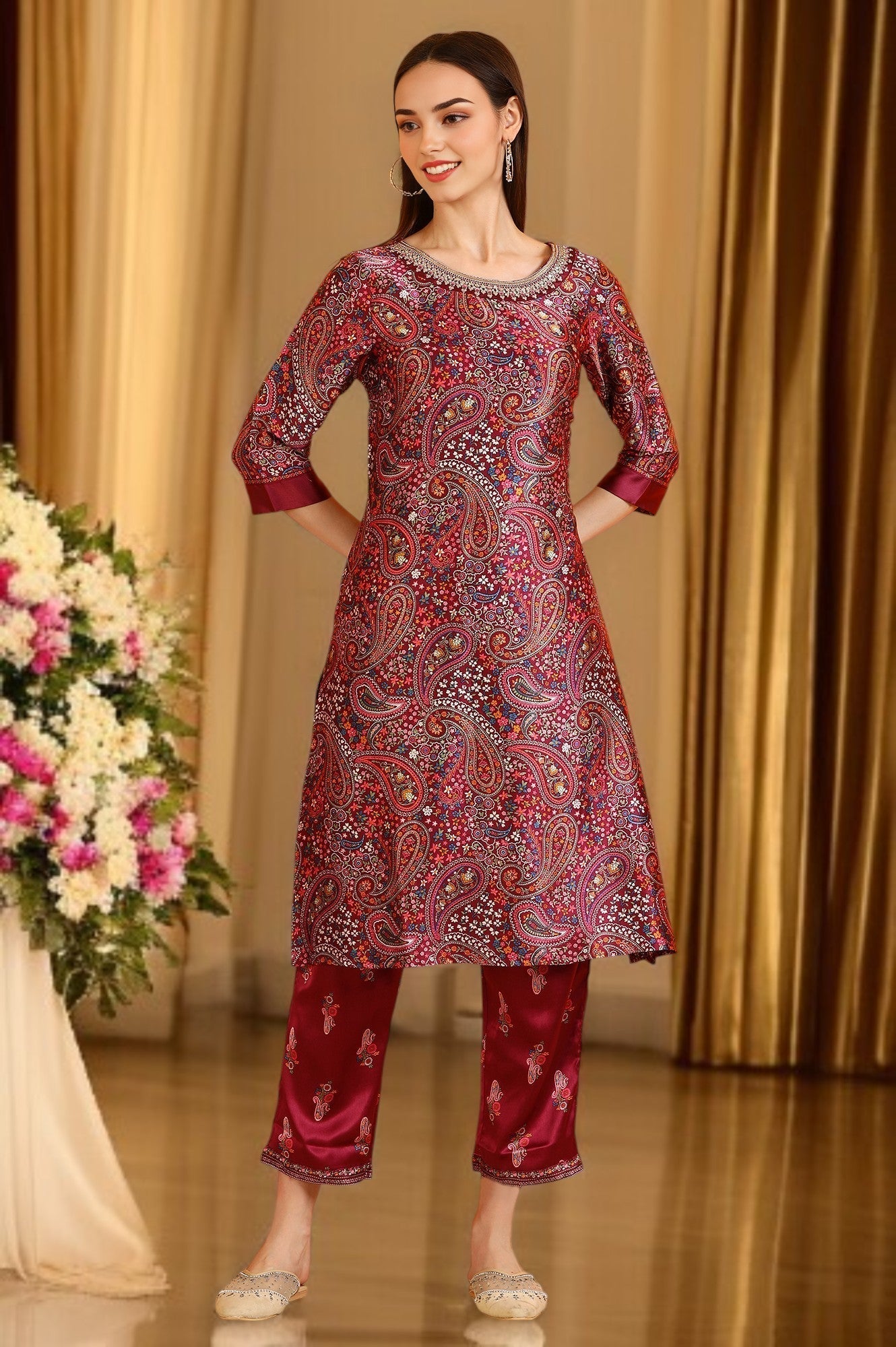 W for Woman Wine Paisley Printed Japanese Satin Embroidered Kurta and Straight Pants Co-ord Set