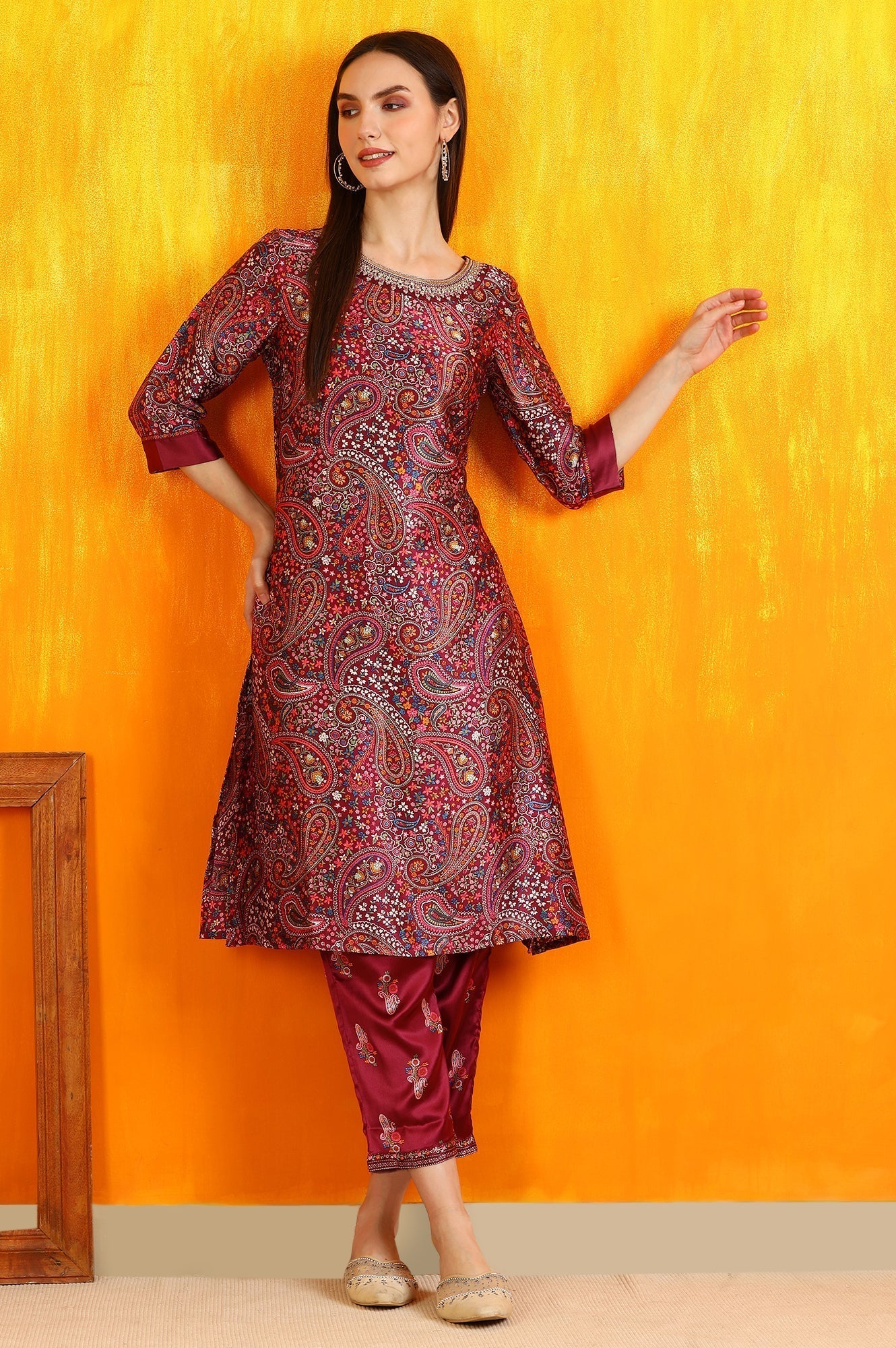W for Woman Wine Paisley Printed Japanese Satin Embroidered Kurta and Straight Pants Co-ord Set