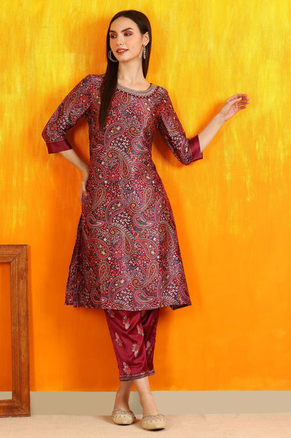 W for Woman Wine Paisley Printed Japanese Satin Embroidered Kurta and Straight Pants Co-ord Set