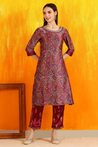 W for Woman Wine Paisley Printed Japanese Satin Embroidered Kurta and Straight Pants Co-ord Set