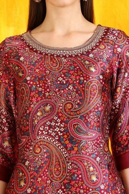 W for Woman Wine Paisley Printed Japanese Satin Embroidered Kurta and Straight Pants Co-ord Set