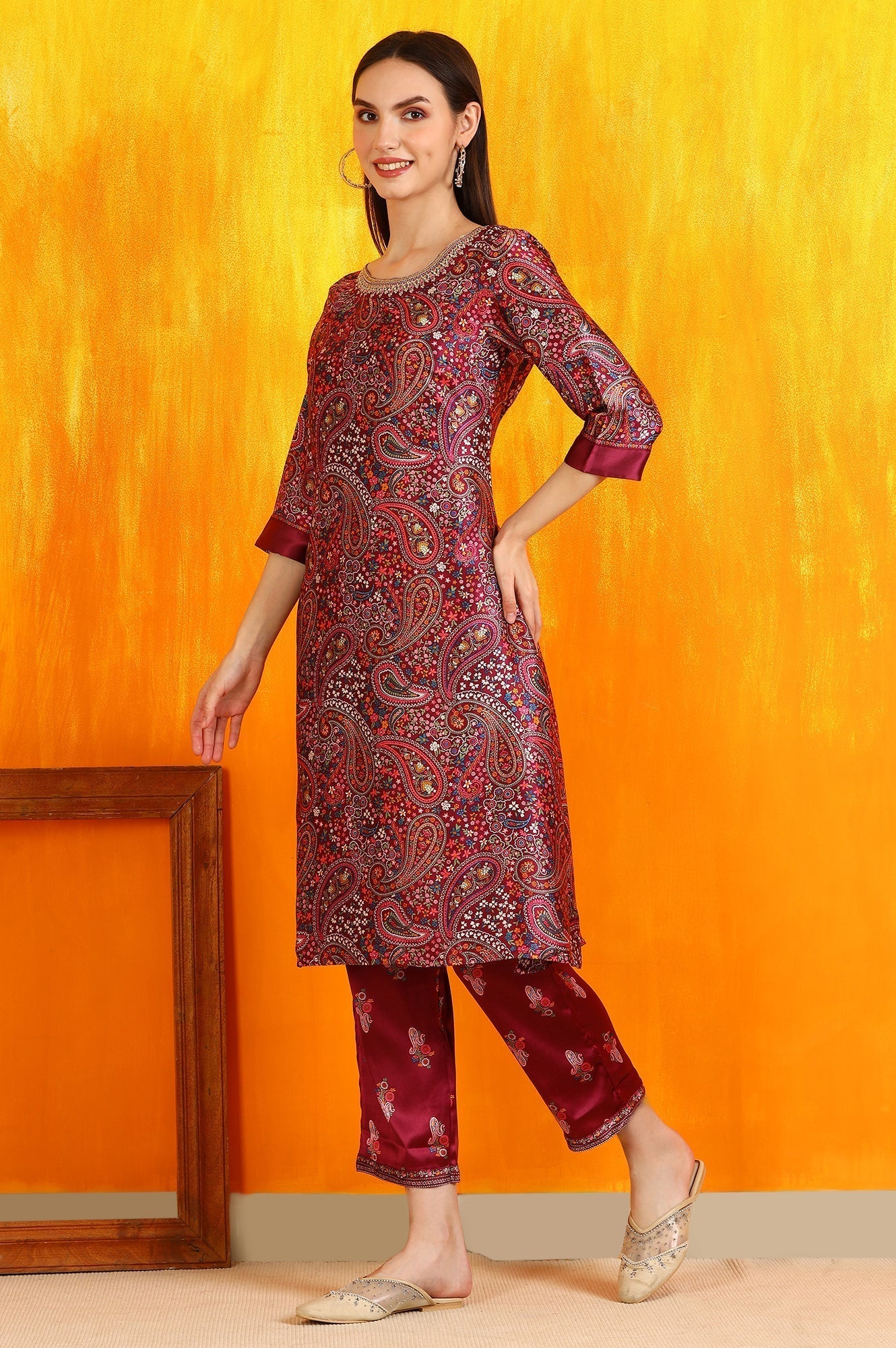 W for Woman Wine Paisley Printed Japanese Satin Embroidered Kurta and Straight Pants Co-ord Set