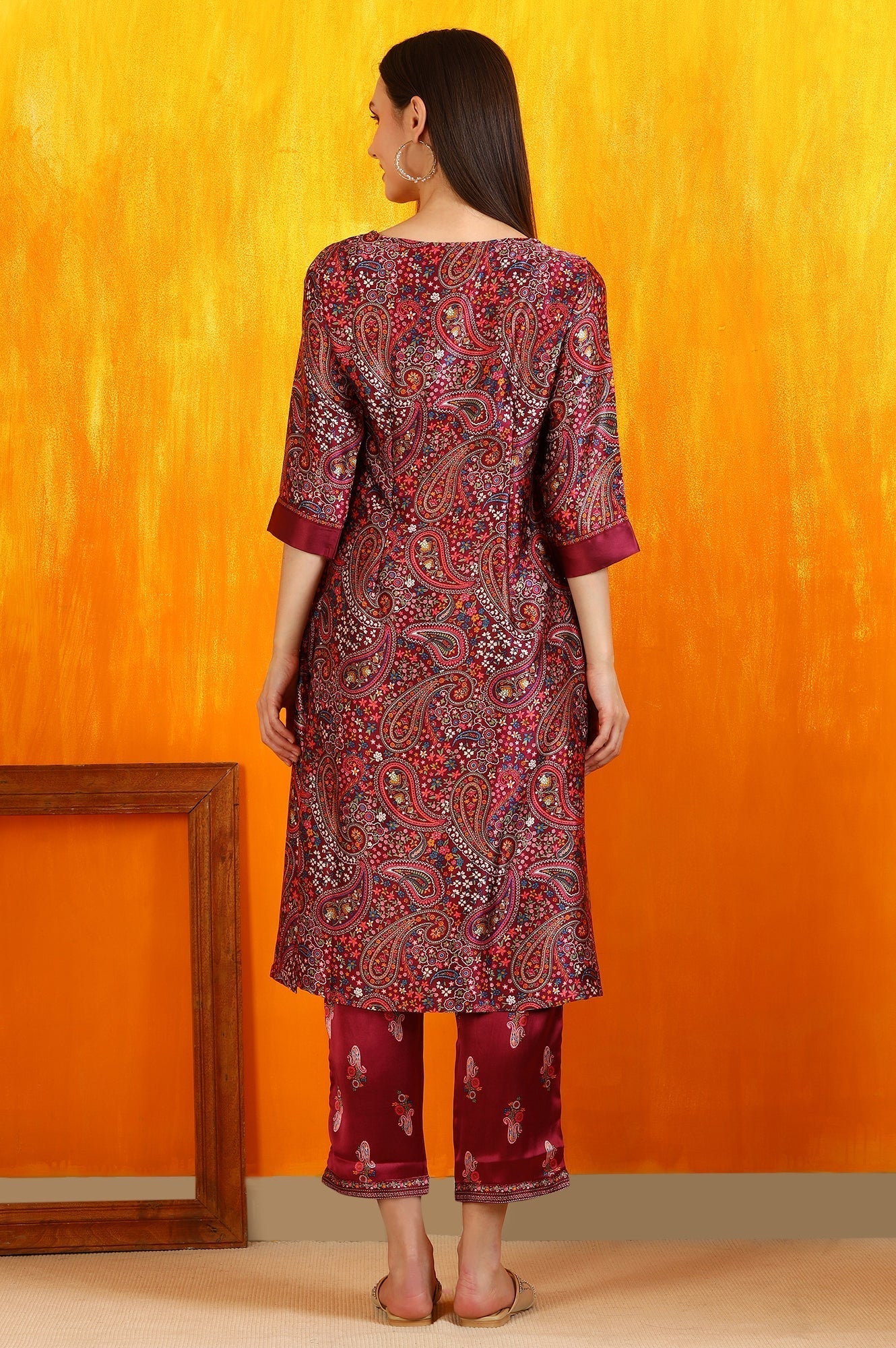 W for Woman Wine Paisley Printed Japanese Satin Embroidered Kurta and Straight Pants Co-ord Set