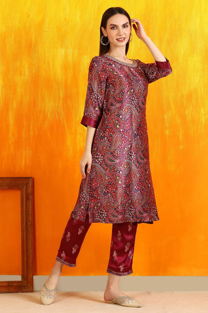 W for Woman Wine Paisley Printed Japanese Satin Embroidered Kurta and Straight Pants Co-ord Set