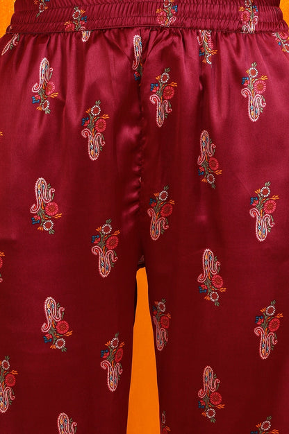 W for Woman Wine Paisley Printed Japanese Satin Embroidered Kurta and Straight Pants Co-ord Set