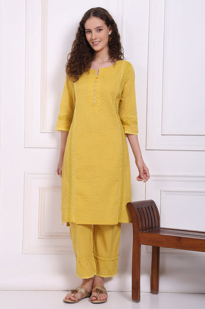 W for Woman Yellow Embroidered Pure Cotton Straight Kurta and Pants Co-ord Set