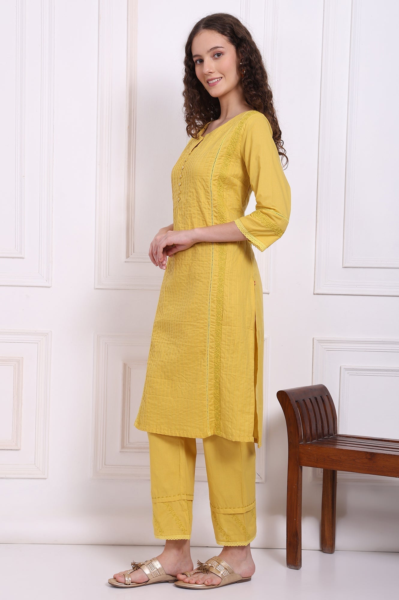 W for Woman Yellow Embroidered Pure Cotton Straight Kurta and Pants Co-ord Set