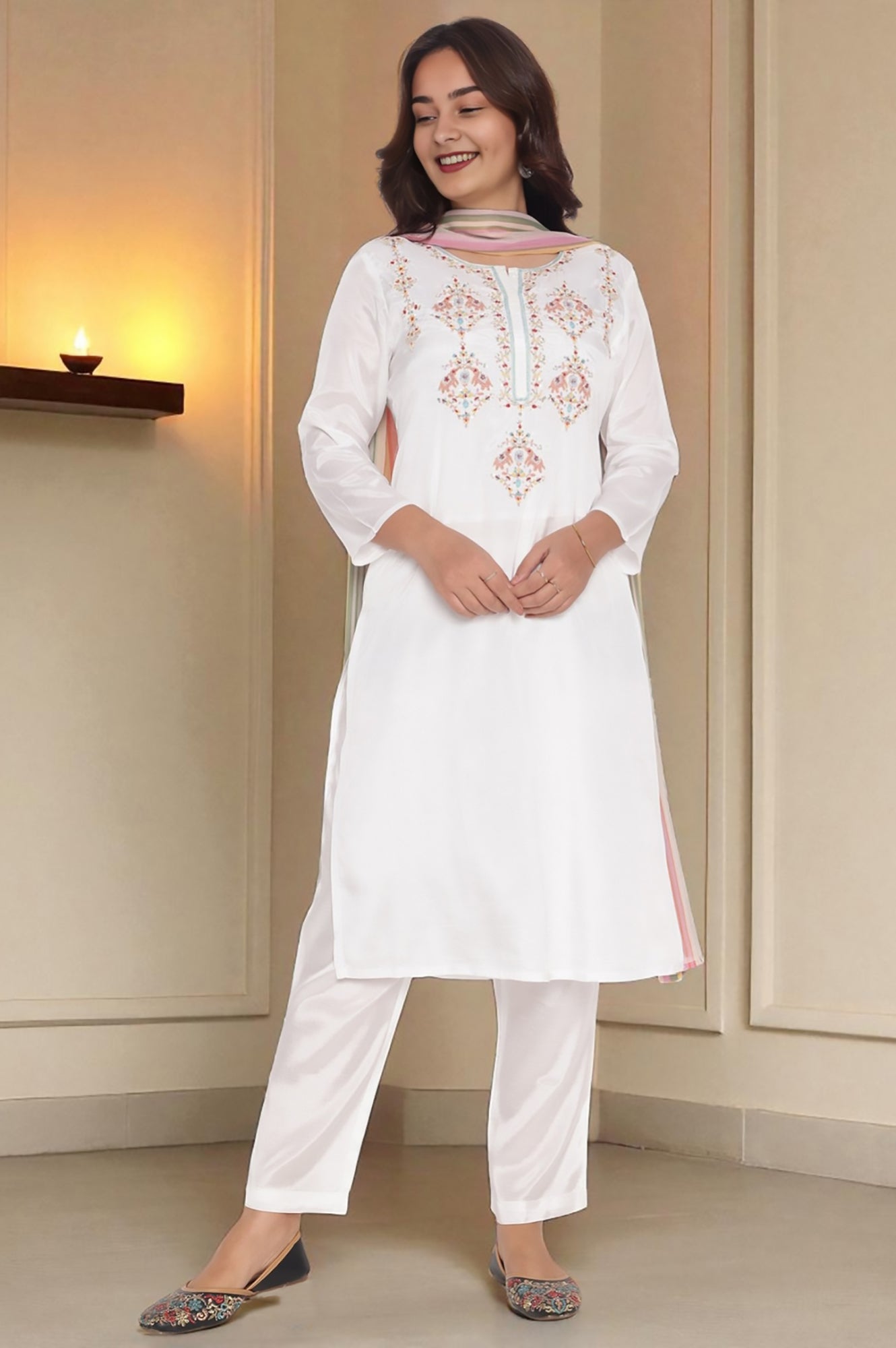 W for Woman Ecru Solid Printed Shantung Straight Kurta, Straight Pant and Dupatta Set