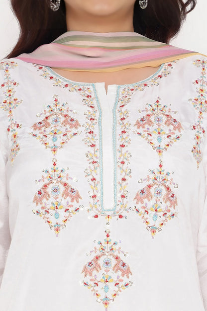 W for Woman Ecru Solid Printed Shantung Straight Kurta, Straight Pant and Dupatta Set
