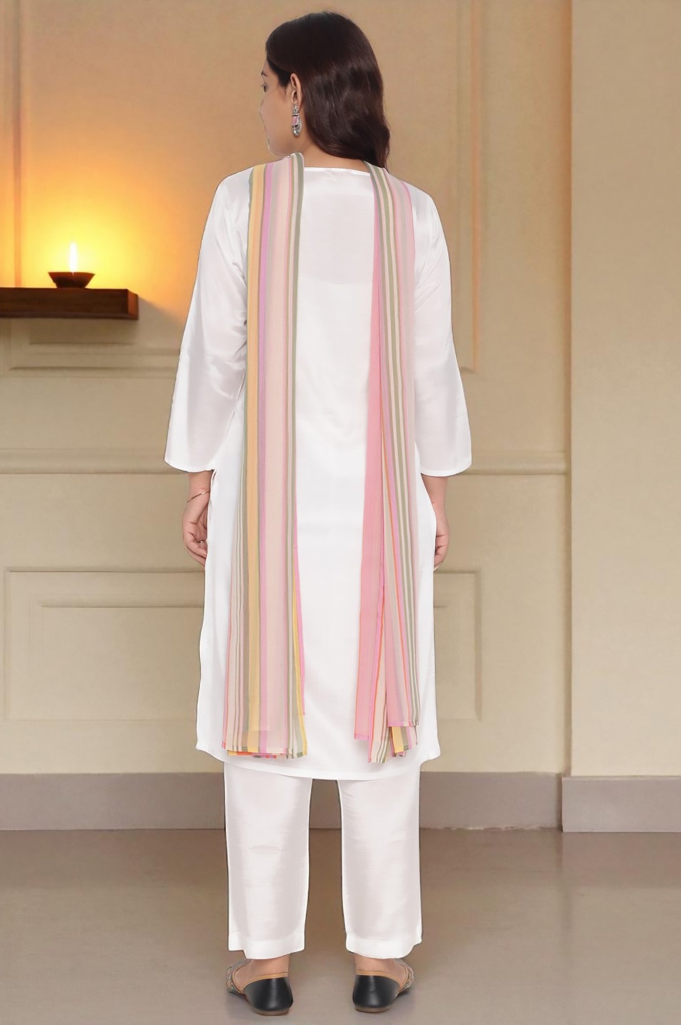 W for Woman Ecru Solid Printed Shantung Straight Kurta, Straight Pant and Dupatta Set