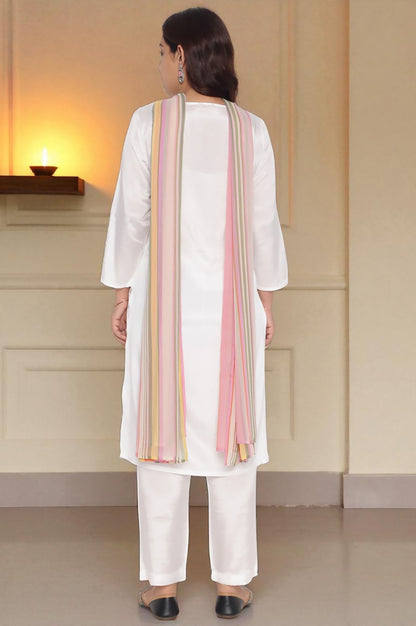 W for Woman Ecru Solid Printed Shantung Straight Kurta, Straight Pant and Dupatta Set