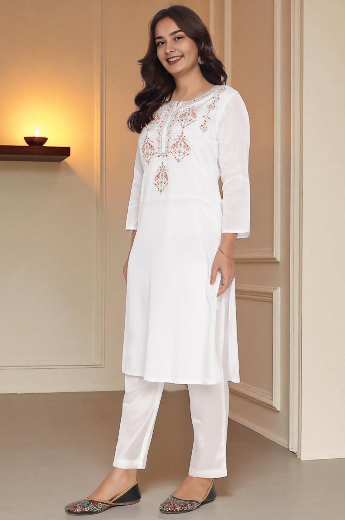 W for Woman Ecru Solid Printed Shantung Straight Kurta, Straight Pant and Dupatta Set