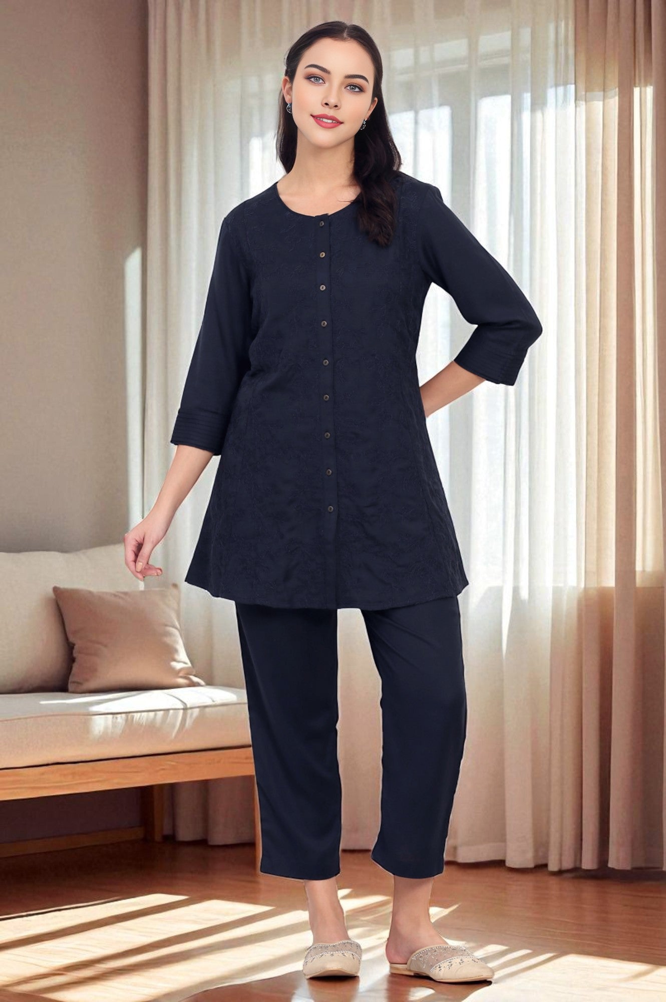 W for Woman Blue Solid Embroidered Rayon Flax A-line Tunic and Straight Pants Co-ord Set