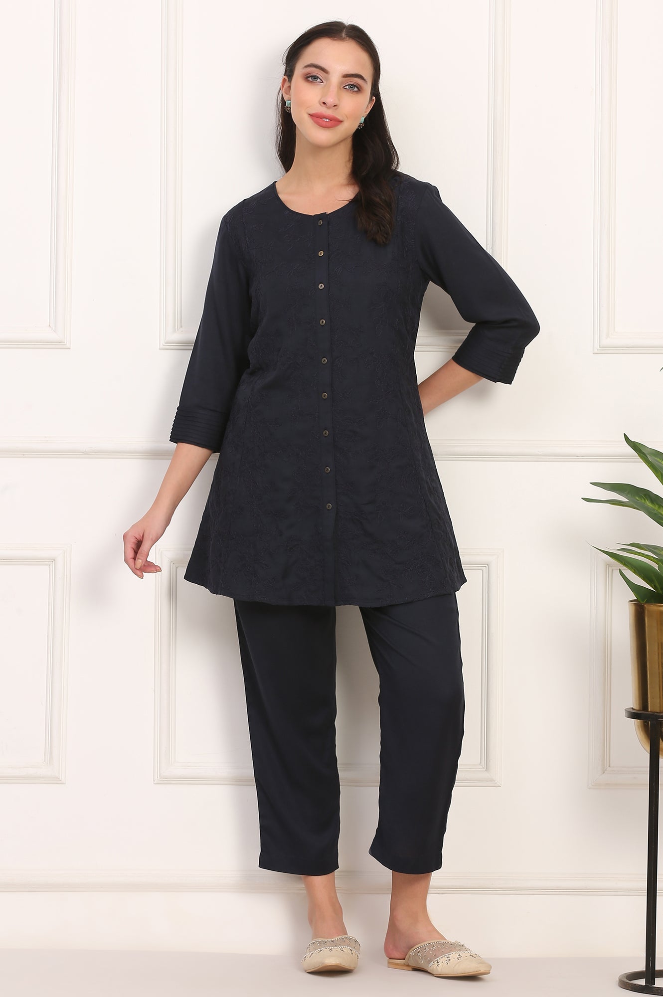 W for Woman Blue Solid Embroidered Rayon Flax A-line Tunic and Straight Pants Co-ord Set