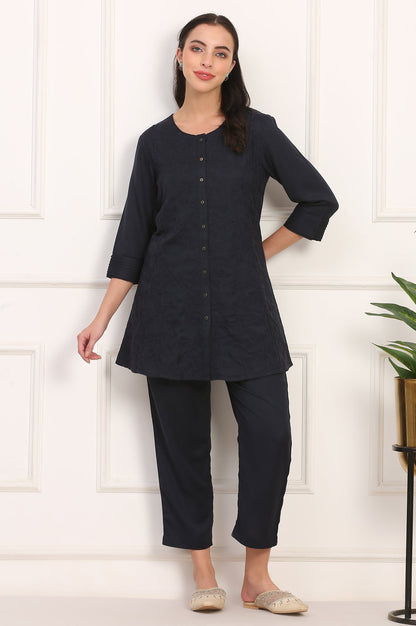 W for Woman Blue Solid Embroidered Rayon Flax A-line Tunic and Straight Pants Co-ord Set