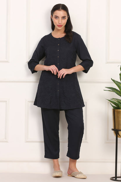 W for Woman Blue Solid Embroidered Rayon Flax A-line Tunic and Straight Pants Co-ord Set