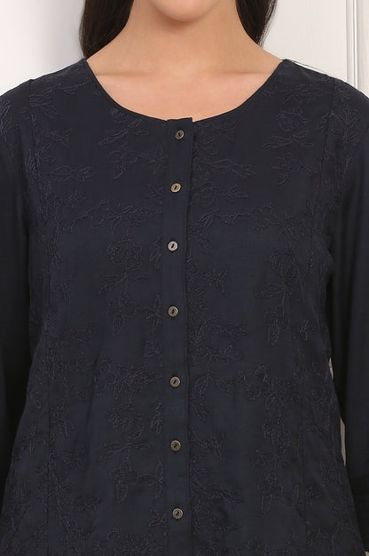 W for Woman Blue Solid Embroidered Rayon Flax A-line Tunic and Straight Pants Co-ord Set