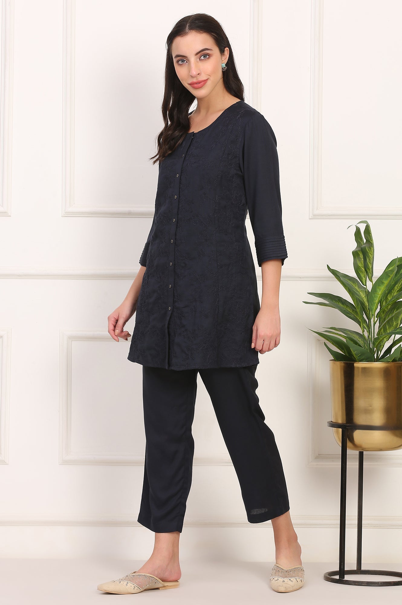 W for Woman Blue Solid Embroidered Rayon Flax A-line Tunic and Straight Pants Co-ord Set