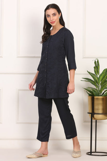 W for Woman Blue Solid Embroidered Rayon Flax A-line Tunic and Straight Pants Co-ord Set
