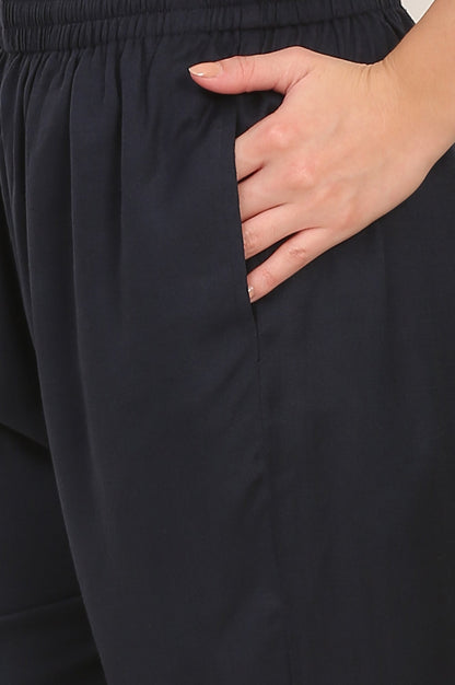 W for Woman Blue Solid Embroidered Rayon Flax A-line Tunic and Straight Pants Co-ord Set